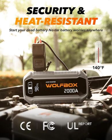 WOLFBOX 3000A Jump Starter، بطارية سيارة 12 فولت مع شاشات LED، شاحن سريع 65 وات، حزمة بطارية محمولة 16000 مللي أمبير في الساعة (محرك ديزل 8 لتر غاز 6 لتر) مع معزز، ضوء LED، كابلات توصيل in Kuwait