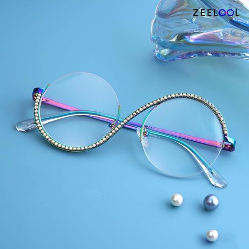 Zeelool Round Blue Light Glasses for Woman Semi-rimless Diamond Eyeglasses Half Frame Elphaba Cosplay Eyewear Glasses in Saudi Arabia
