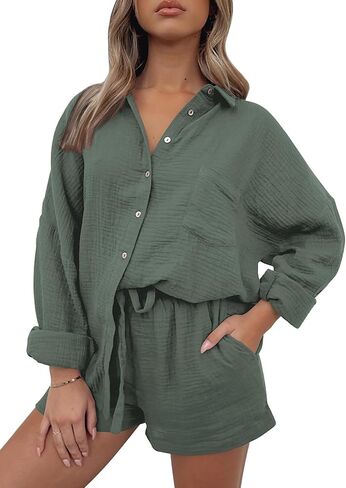 AUTOMET 2 Piece Sets For Women Lounge Wear Matching Two Piece Pajama Fashion Oversized Shirts And Shorts Spring Outfit 2025 in Saudi Arabia