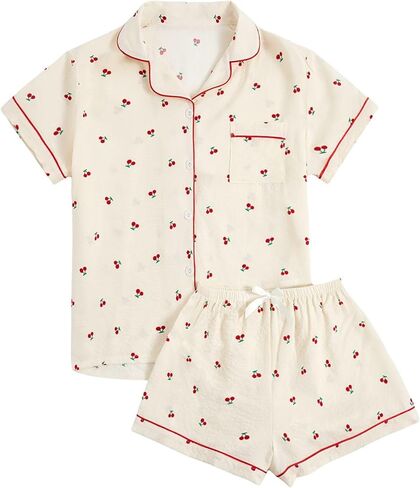Verdusa Women's 2 Piece Pajama Set Matching Pjs Sets Cute Printed Sleepwear Button Up Shirt with Lounge Shorts Set in Saudi Arabia
