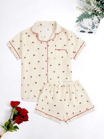 Verdusa Women's 2 Piece Pajama Set Matching Pjs Sets Cute Printed Sleepwear Button Up Shirt with Lounge Shorts Set in Saudi Arabia