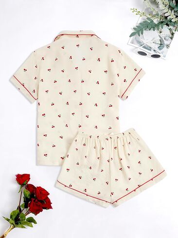 Verdusa Women's 2 Piece Pajama Set Matching Pjs Sets Cute Printed Sleepwear Button Up Shirt with Lounge Shorts Set in Saudi Arabia