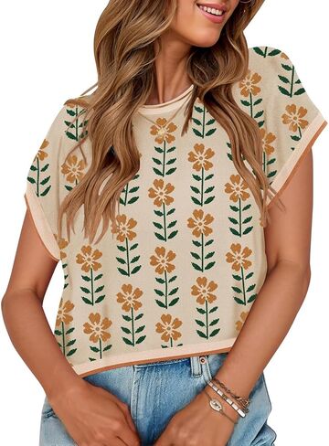 Zesica Womens Summer Tops Printed Tops Cap Sleeve Crew Neck Sweets Conttipts 2025 ملابس ملابس عصرية in Saudi Arabia