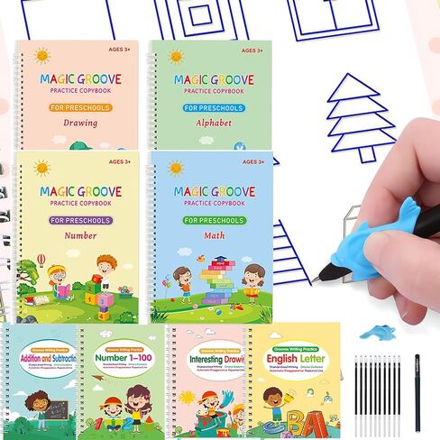 Magic Grooved Handlriting Book Practice ، Practice Copybook ، Lrandriting Practice Copybook ، Book Practice Book for Preschool Age 3-8 Numbers Drawing Tracing Books (4 كتب مع الأقلام) in Kuwait