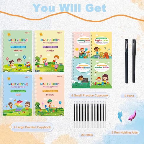Magic Grooved Handlriting Book Practice ، Practice Copybook ، Lrandriting Practice Copybook ، Book Practice Book for Preschool Age 3-8 Numbers Drawing Tracing Books (4 كتب مع الأقلام) in Kuwait