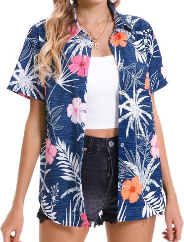 Hawaiian Shirts for Women Tropical Shirt Summer Beach Button Down Short Sleeve Blouses Floral Top Aloha Luau Outfits 2025 in Saudi Arabia