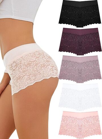 Womens Underwear Lace Boy Shorts Breathable Panties Stretch Cotton Waistband Underwear Women 5 Pack in Saudi Arabia