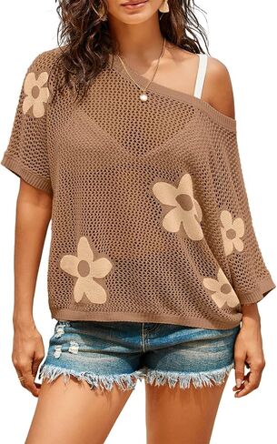 Dokotoo Womens Flor Fashion قمم الصيف 2025 قصيرة الأكمام من سبيوب الكروشيه in Kuwait