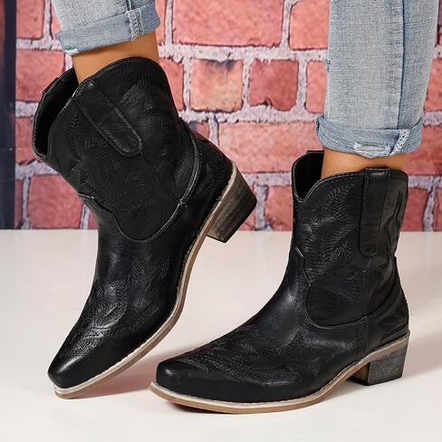 Women's Cowboy Cowgirl Boots Ankle Western Short Booties | Pointed Toe, Low Chunky Heel, Embroidered, Fashion Classic Design, Great for Country Concert Music Festivals Theme Party in Kuwait