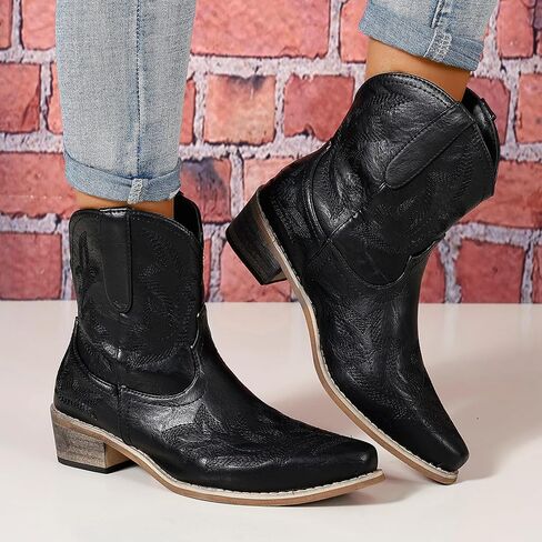 Women's Cowboy Cowgirl Boots Ankle Western Short Booties | Pointed Toe, Low Chunky Heel, Embroidered, Fashion Classic Design, Great for Country Concert Music Festivals Theme Party in Kuwait
