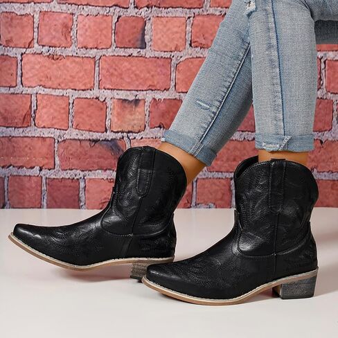 Women's Cowboy Cowgirl Boots Ankle Western Short Booties | Pointed Toe, Low Chunky Heel, Embroidered, Fashion Classic Design, Great for Country Concert Music Festivals Theme Party in Kuwait