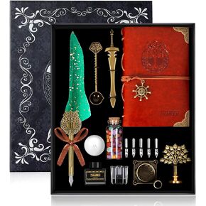 Feather Dip Pen and Ink Set,quill pen ink set,Antique Calligraphy Pen with 5 Replaceable Nibs,Wax Seal Stamp,Wax Beads &Leather Writing Notebook Christmas Gift for Men&Women.(Grey)