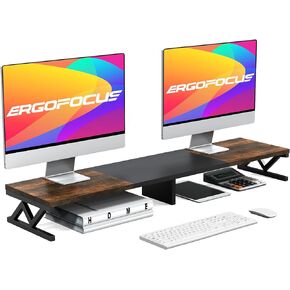 Dual Monitor Stand Riser, Large Wood Monitor Riser for 2 Monitors, Monitor Lift with Storage for Desk, Sturdy Wood&Steel Multi Screen Stand, Desktop Organizer Monitor Stand for Computer