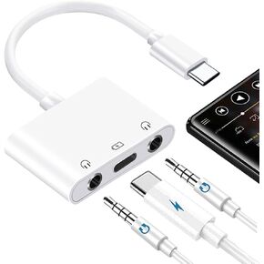 USB C to Dual 3.5mm Headphone Splitter for iPad/iPhone 15, 3 in 1 USB C Earphone Jack Audio Splitter with PD Fast Charging Adapter Compatible with iPad Pro/Air/Samsung Galaxy/Google Pixel