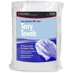 Buffalo Industries (60221) 14" x 17" Fully Hemmed Absorbent Terry Towels - All-Purpose Towels for Automotive, Garage and Home - 100% Cotton - Machine Washable - Pack of 24