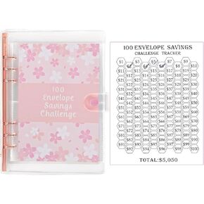 غلاف تحدي توفير المال 100 ظرف، مجلد تحدي توفير المال للأظرف النقدية، مجلد تحدي توفير المال على ظرف لتوفير 5,050 دولارًا أمريكيًا، غلاف وردي مقاس A5 in Kuwait