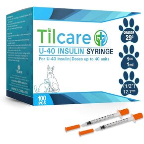 Tilcare U40 Pet Insulin Syringes with Needle 29 G 1 cc 12.7 mm 1/2" 100-Pack – Latex-Free Diabetic Syringes - Ultra Fine Sterile Medical Syringe for Diabetes Individually Blister Packed for Safety