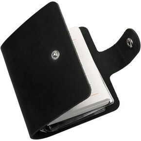 A9 Mini Binder Planner Black Genuine Leather 3-Ring Binder Organizer Wallet, 120 Sheets Memo & Weekly Refills with 2pcs Clear Mini Binder Pockets for Planner Budget Notebook