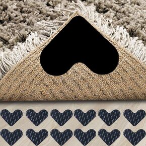 12pcs Rug Gripper Tape for Hardwood Floors, Non Slip Rug Pad Corner Grippers, Heart-Shaped Carpet Stickers for Area Rugs, Double Side Carpet Adhesive Strips Fit in Hardwood Tile Floor, Black in Kuwait