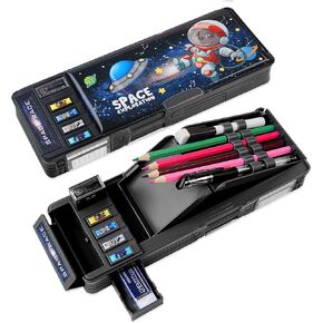 Pop Up Multifunction Pencil Case for Boys(NO LOCK), Cute Cartoon Pen Box Organizer Stationery with Sharpener, Schedule, Whiteboard, School Supplies, Best Birthday Gifts for Kids Teens-Black