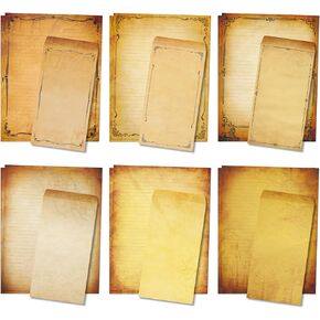 Anzon Mories Realistic Parchment Stationery Paper Envelope Set, 48 PC Writing Stationary 8.5" x 11" with 24Pcs Self-Sealing Envelopes, Printer Friendly, 6 Antique Vintage Design Aged Old Looking