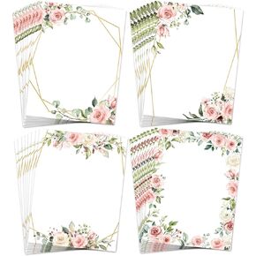 AnyDesign 48 Sheet Floral Stationery Letterhead Paper Pink Flower Letter Writing Paper Wedding Floral Border Paper Notes Greeting Paper for Wedding Party Invitations School Printing, 8.5x11 Inch