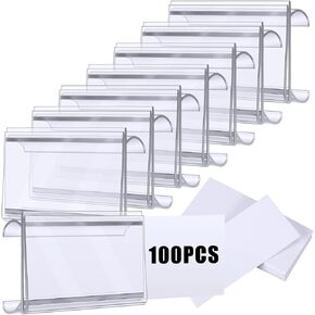 Kathfly 100 Pcs Wire Shelf Label Holder Wire Label Holder with Paper Insert Area 3"x1.25" Plastic Basket Compatible with 1-1/4 Inch Shelves Shelf Tags for Shelving