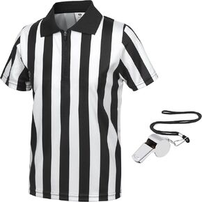 FitsT4 Kids حكم قميص رسمي باللونين الأبيض والأسود مخطط بسحاب وياقة قصيرة الأكمام زي حكم جيرسي مع صافرة Pro Ref موحد لكرة القدم وكرة السلة وكرة القدم in Kuwait