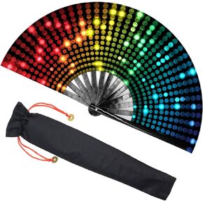 Large Rave Folding Hand Fan with Bamboo Ribs for Men/Women - Chinese Japanese Handheld Fan with Fabric Case - for Dance Music Festival Party, Performance, Decorations, Gift (Bling Round)