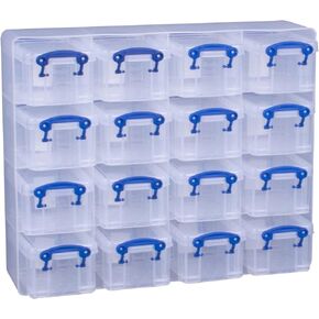 Really Useful Organiser, 16 x 0.14 Litre Storage Boxes in a Clear Plastic Organiser and Assorted Coloured Boxes