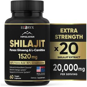 Pure Himalayan Shilajit Supplement 60 Capsules 60% Fulvic Acid Made in USA 85 Trace Minerals Shilajit for Men & Women Alternative to Authentic Shilajit Resin or Pills with Panax Ginseng & L- Carnitine