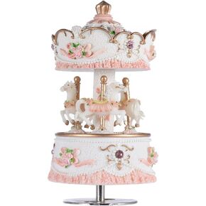 Carousel Music Boxes for Girls 3-Horse Rotating Windup Melody Castle in The Sky Color Change LED Lights Musical Gift for Baby Kids Daughter Birthday Christmas Festival Music Box Artware Pink
