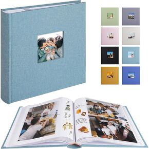 Photo Album with Writing Space 50 Pages 4x6 Photos Hold 200 or 5x7 Pictures Hold 100, Linen Cover Small Photo Book Albums with Memo for Anniversary Wedding Baby (Cyan Blue)