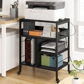 Printer Stand with Power Outlets and USB Charging Ports, Large Printer Table with Storage, 4 Tier Rolling Printer Stand with Wheels for Desktop CPU, Small Space, Home Office, Rustic Black