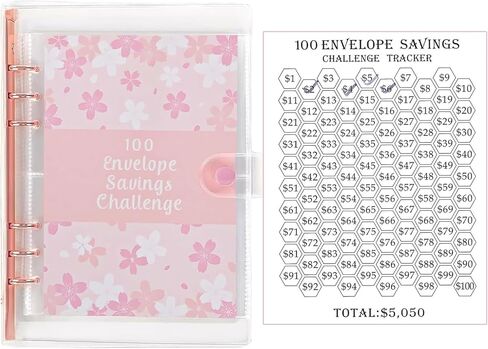 غلاف تحدي توفير المال 100 ظرف، مجلد تحدي توفير المال للأظرف النقدية، مجلد تحدي توفير المال على ظرف لتوفير 5,050 دولارًا أمريكيًا، غلاف وردي مقاس A5 in Kuwait