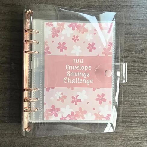 غلاف تحدي توفير المال 100 ظرف، مجلد تحدي توفير المال للأظرف النقدية، مجلد تحدي توفير المال على ظرف لتوفير 5,050 دولارًا أمريكيًا، غلاف وردي مقاس A5 in Kuwait