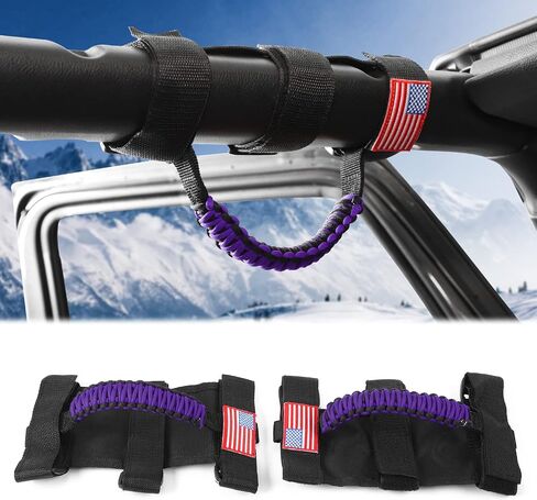JeCar 2 x Roll Bar Grab Handles Paracord Grip Handles for 1955-2022 Jeep Wrangler YJ TJ JK JKU JL JLU & Gladiator JT, Black & Purple, American Flag in Saudi Arabia