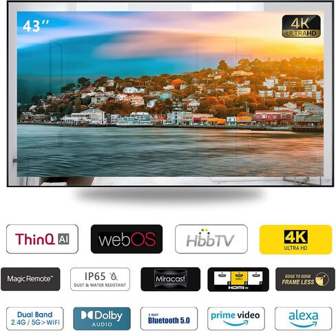 تلفزيون مرآة ذكي 43 بوصة 4K UHD من Elecsung للحمام موالف ATSC مقاوم للماء، واي فاي مدمج، بلوتوث وأليكسا للفندق/المطبخ 2023 موديل SS550U22-43 in Kuwait