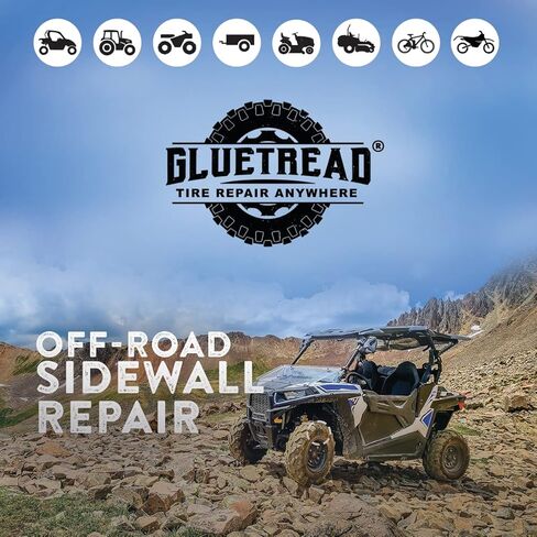 طقم إصلاح الإطارات الجانبية GlueTread SxS UTV | إصلاح الإطارات في حالات الطوارئ في أي مكان | لا حاجة لإزالة الإطارات | طقم تصحيح الإطارات بدون أنابيب للجدار الجانبي | يشتمل على مسرع (يزيل وقت المعالجة) | الاستخدام على الطرق الوعرة in Kuwait