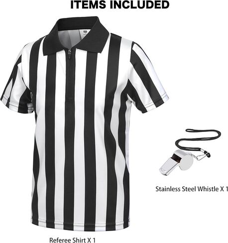 FitsT4 Kids حكم قميص رسمي باللونين الأبيض والأسود مخطط بسحاب وياقة قصيرة الأكمام زي حكم جيرسي مع صافرة Pro Ref موحد لكرة القدم وكرة السلة وكرة القدم in Kuwait