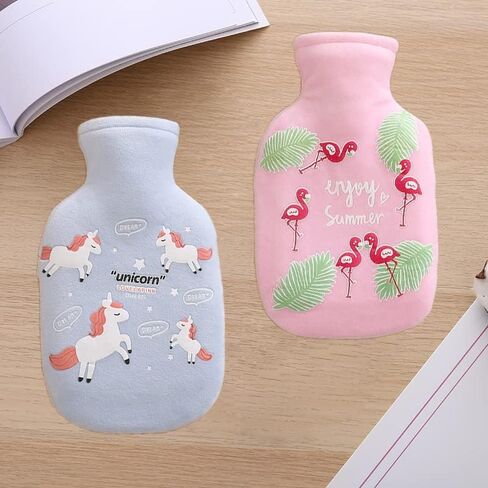 زجاجة مياه ساخنة كرتونية محمولة، حقيبة مياه ساخنة صغيرة 350 مل * قطعتين من المطاط الطبيعي السميك القابل للغسل، زجاجة ضغط دافئة جيدة (يونيكورن أزرق + فلامينجو وردي)، هدية للنساء والفتيات. in Kuwait
