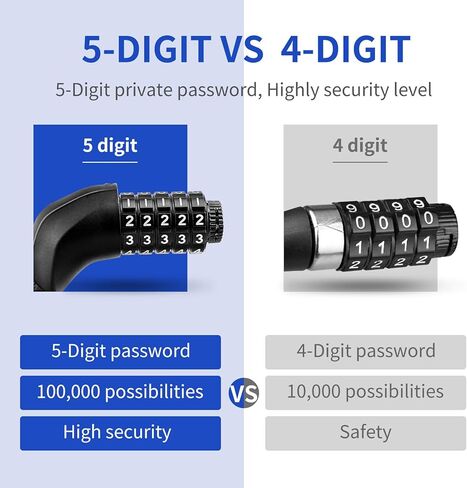 METOWARE كابل قفل الدراجة 4 أقدام مجموعة مضادة للسرقة قفل الدراجة 5 أرقام قفل دراجة اللف للطرق والدراجات الجبلية (أسود) in Kuwait