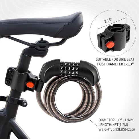 METOWARE كابل قفل الدراجة 4 أقدام مجموعة مضادة للسرقة قفل الدراجة 5 أرقام قفل دراجة اللف للطرق والدراجات الجبلية (أسود) in Kuwait