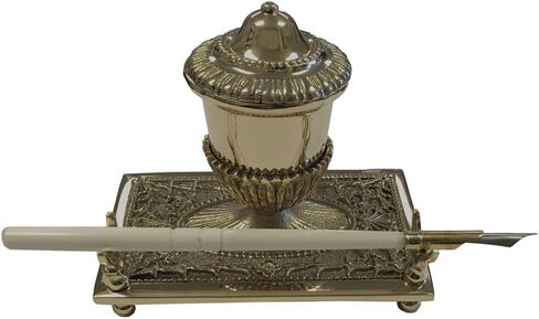 Schooner Bay Co. - 5" Brass Inkwell Pen Holder with Bone Nib Pen and Ink Powder- Antique Vintage Style in Saudi Arabia