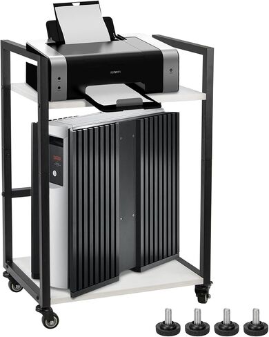 ترقية حامل الطابعة، حامل برج الكمبيوتر، عربة طابعة من طبقتين أسفل المكتب مع مساحة تخزين، عربة آلة بعجلات وسطح طاولة قابل للتعديل، رف تخزين عالي التحمل للمكتب والمنزل (كريمي) in Kuwait