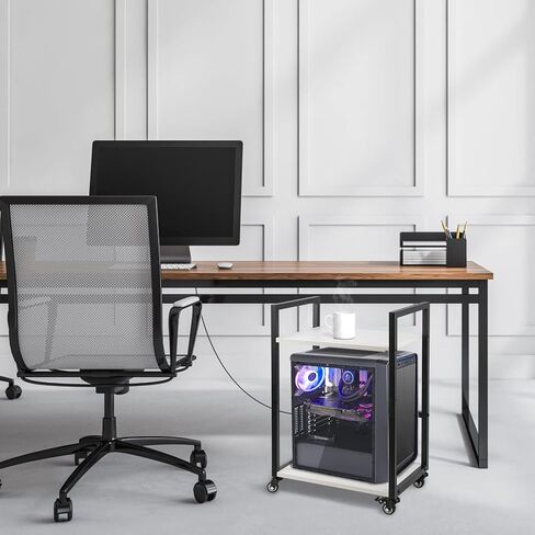 ترقية حامل الطابعة، حامل برج الكمبيوتر، عربة طابعة من طبقتين أسفل المكتب مع مساحة تخزين، عربة آلة بعجلات وسطح طاولة قابل للتعديل، رف تخزين عالي التحمل للمكتب والمنزل (كريمي) in Kuwait