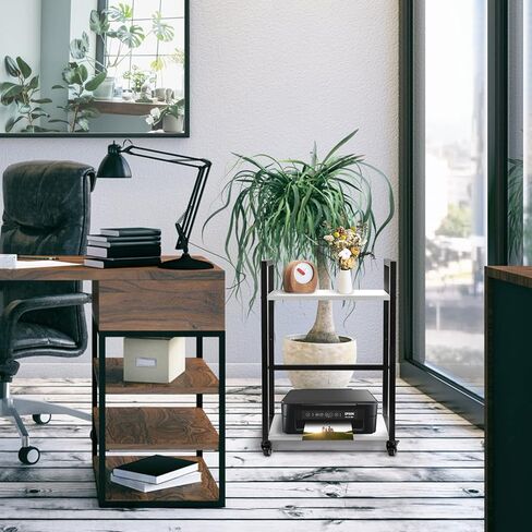 ترقية حامل الطابعة، حامل برج الكمبيوتر، عربة طابعة من طبقتين أسفل المكتب مع مساحة تخزين، عربة آلة بعجلات وسطح طاولة قابل للتعديل، رف تخزين عالي التحمل للمكتب والمنزل (كريمي) in Kuwait