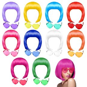 PLULON 20 Pieces Party Wigs and Sunglass Set, Neon Short Bob Wig Sunglass Pack Costume Colorful Cosplay Wig Daily Party Hairpieces for Bachelorette Neon Party Favors, Halloween Decorations
