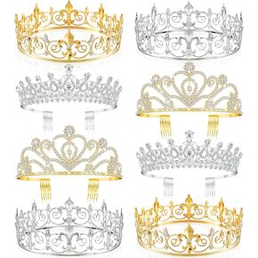 Sasylvia 8 Pcs Proms King and Queen Crown Set for Men Women Metal Rhinestone Crowns and Tiaras Crystal Headband for Weddings Bridal Cosplay Party Accessories, Silver Gold