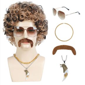 Parceria 70s 80s Disco WIG 6 PCS SET ، CURLY CURLY AFRO CORSION FOR MEN ، VINTAGE NARTAL FLUFFY CONTHETIC BISTONGE COSTUME Party Hippies Rocker Cosplay Costume (Blonde Mixed Brown)